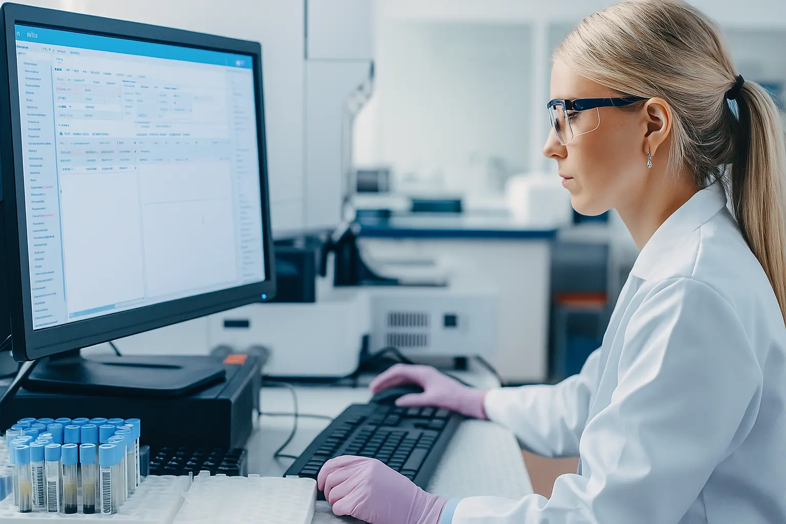 Scientist in a laboratory working on a computer with test tubes nearby.
